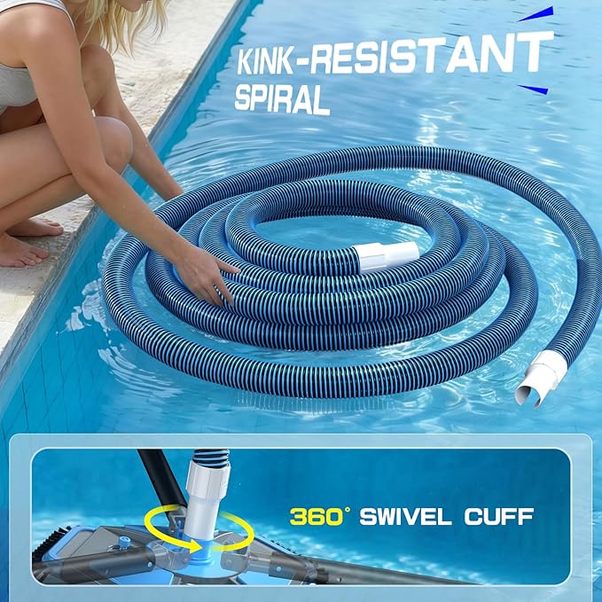 UIRWAY Upgrade Pool Vacuum Head with Side Brush & 360° Swivel Cuff, 1-1/2" x 30 Ft Heavy Duty Manual Kink-Resistant Vacuum Hoses, Weighted Triangular Shape for Inground & Above Ground Pool(No Pole)