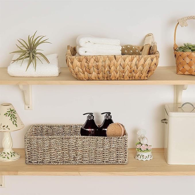 HOMESTEAD 2-Pack Rectangular Seagrass Storage Baskets with Built-In Handles, Handwoven Wicker Baskets for Pantry, Shelf, Closet & Bathroom Organization, 16 × 6.75 × 4.25 in