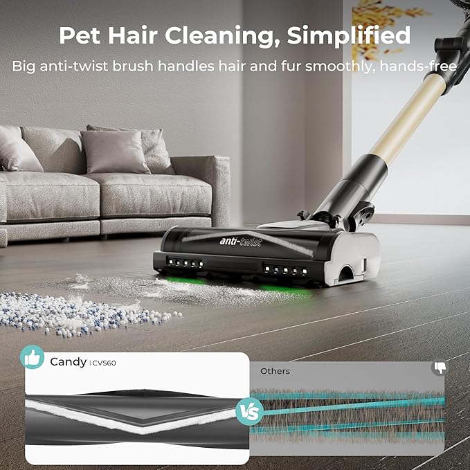 Candy Cordless Stick Vacuum Cleaner, 650W/320AW Powerful Suction, Up to 100min, Flexi-Fold Tube, SmartSense Tech, LED Headlights, Pet Hair Pickup, Pet & Crevice Tools, for Hard Floor & Carpet, CVS60