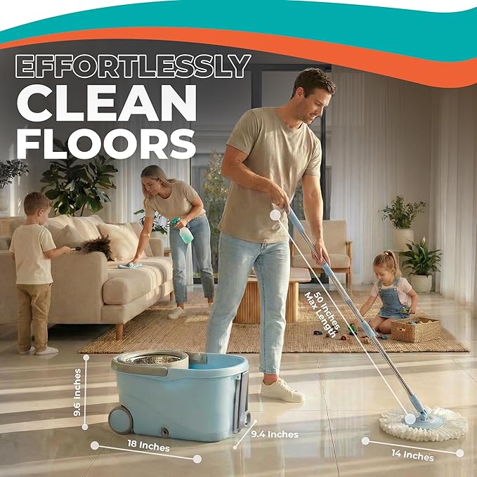 Grazie Spin Mop & Bucket Set - 360° Self-Wringing System with Wheels, Stainless Steel Handle - Hands-Free Floor Cleaning for Hardwood, Tile, Laminate - Includes 2 Washable Microfiber Mop Head Refills