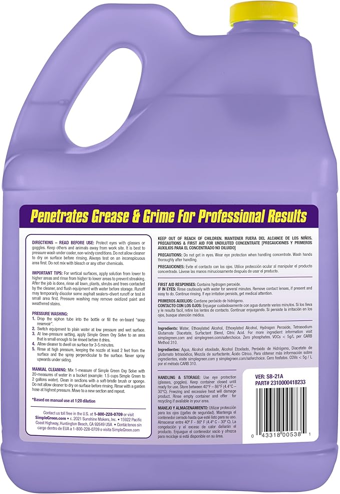 Simple Green Oxy Solve Concrete and Driveway Pressure Washer Cleaner, Purple, Unscented, 128 Fl.Oz