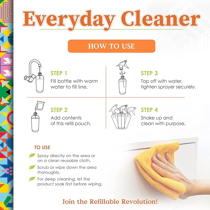 Truly Free Everyday Cleaner - Multipurpose Cleaner Spray, Kitchen Counter Cleaner, Natural Cleaning Products, Multi-Surface Household Solution, 1 Empty Bottle Spray (16oz) & 2 Refills (3oz each)