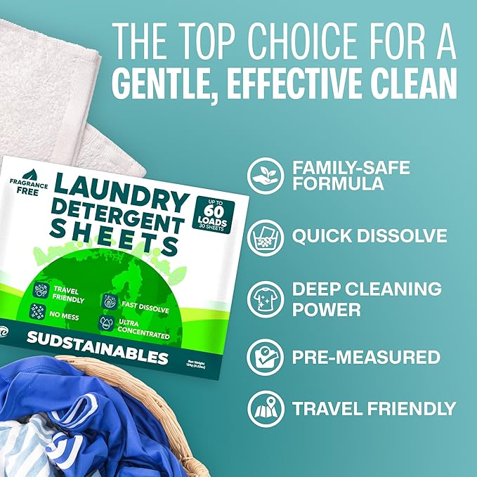 Sudstainables Laundry Detergent Sheets 60 Loads – Dissolvable Laundry Sheet for Washing Machines, Compact Alternative to Liquid & Powder Detergent, Travel-Friendly Soap | Fragrance Free