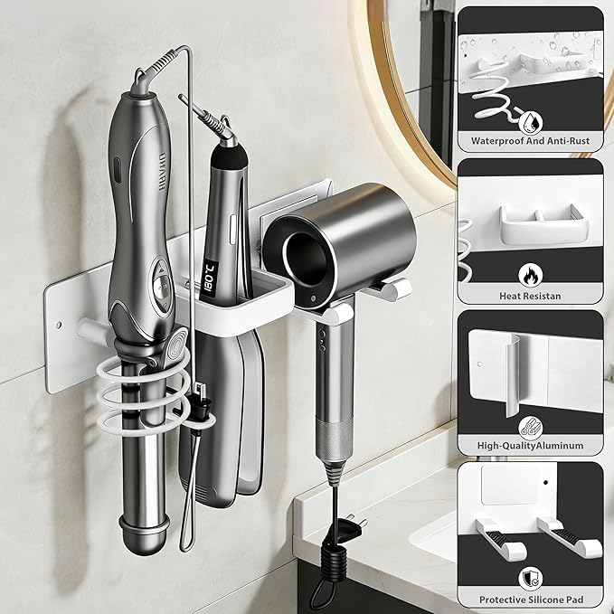 Blow Dryer Holder Wall Mount, 3 in 1 Bathroom Hair Tool Organizer with Curling Iron Holder & Flat Iron Holder, Universal Hair Dryer Holder Rack Storage White