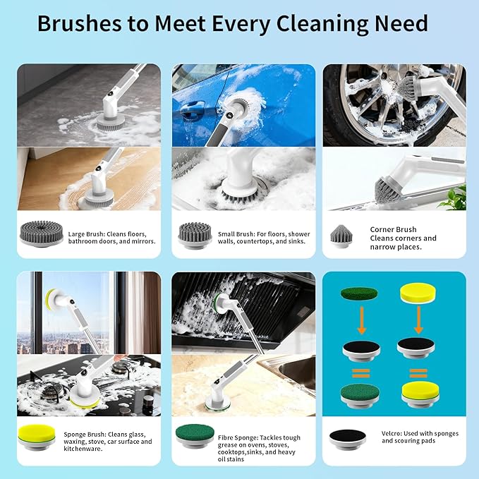 Electric Spin Scrubber, Cordless 20W High-Torque IPX7 Waterproof Cleaning Brush with LED Battery Display, 2-Speed &6 Replaceable Heads & Extendable Long Handle for Bathroom Kitchen Car