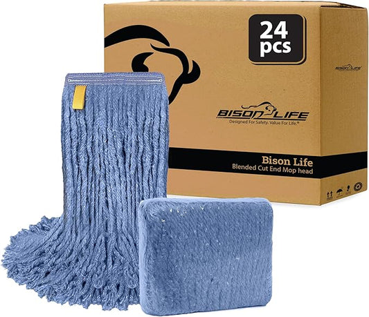 Pack of 24 Cut End Blended Mop Head Replacement, 1.25-inch Universal Headband, Wet Mop Refills, Blue, 16 Oz