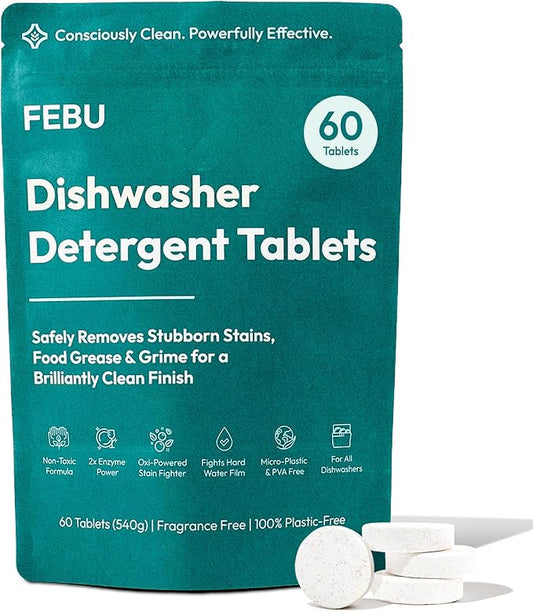 FEBU Plastic-Free Dishwasher Detergent Tablets for Deep Cleaning | Non-Toxic Dishwasher Pods, 60 Loads, 9g, Spot & Film-Free Even in Hard Water | Dissolves Fully, Enzyme + Oxygen Power | Unscented