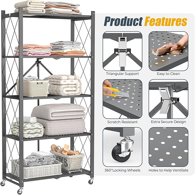 5-Tier Folding Metal Storage Shelf with Wheels, Heavy Duty Organizer Rack Holds 750 lbs, No Assembly Utility Shelving for Kitchen, Garage, Pantry, Living Room, Office (New Upgrade - Gray, 5 Tier)