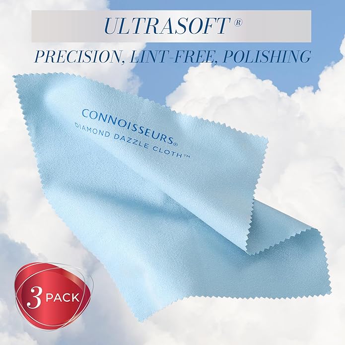 Connoisseurs Diamond Dazzle Cloth for Jewelry and Precious Stones - 3 Pack - Ultrasoft Microsuede Jewelry Cleaner Cloth - Includes Travel Case
