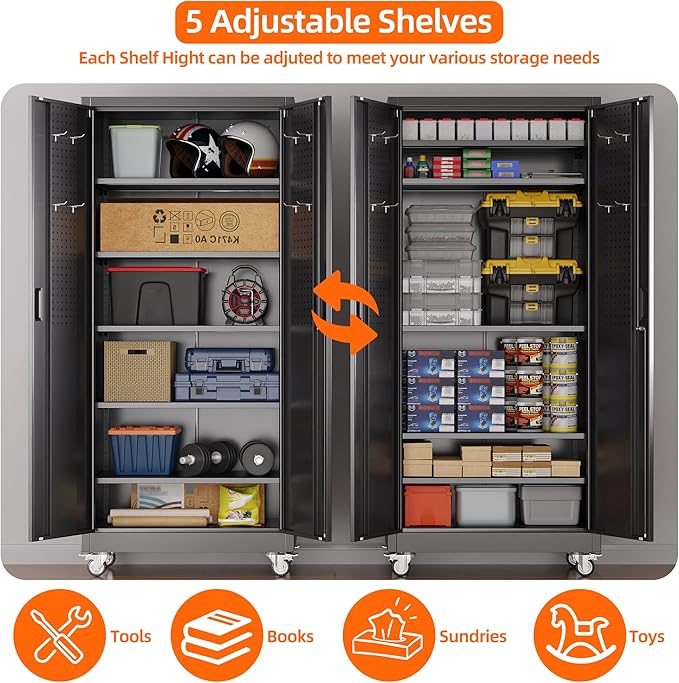 SUXXAN Garage Storage Cabinet with Wheels Pegboard and 5 Adjustable Shelves, 71'' x 32'' x 16''Metal Lockable Cabinet with Magnetic Doors,Tool Storage,Home Office Garage,Gym,School (Black)