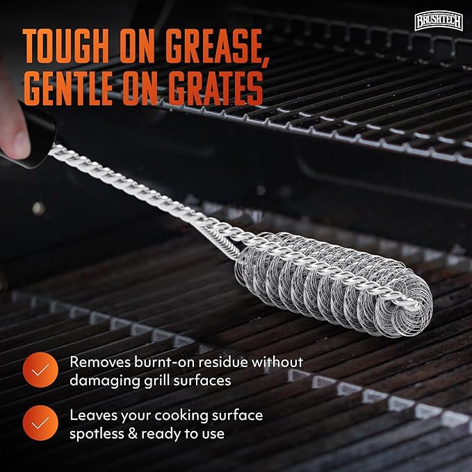 Brushtech Double Helix Grill Brush, 16″ Flat BBQ Grill Cleaner - Bristle‑Free Coil Springs Clean Tops & Sides - Stainless Steel, Long Reach Handle, Heavy‑Duty BBQ Tool for Gas & Charcoal Grates