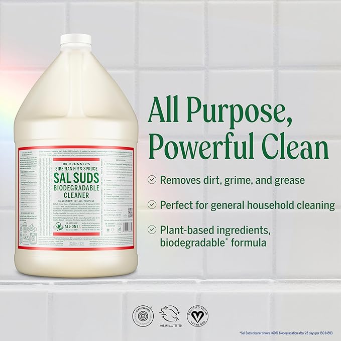 Dr. Bronner's - Sal Suds Biodegradable Cleaner (1 Gallon) - All-Purpose, Pine Cleaner for Floors, Laundry and Dishes, Concentrated, Cuts Grease and Dirt, Powerful Formula