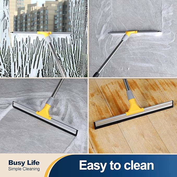 Yocada Rubber Floor Squeegee 17.7" TPR Blade Scrubber Broom 61.8inch Pole Household Broom for Garage Courtyard Shower Bathroom Floor Marble Glass Tile Water Foam Pet Hair Removal Cleaning