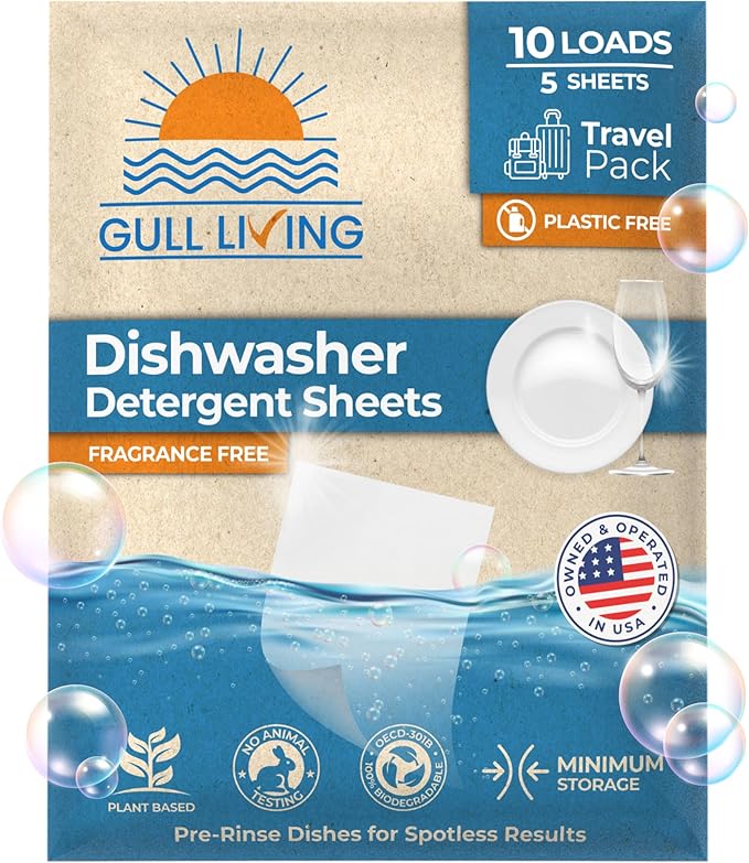 Gull living Eco-Friendly Dishwasher Detergent Sheets - Natural Dishwashing Detergent - Plant Based Dishwasher Soap Sheets - Unscented & Plastic Free Travel Size 10 loads with sustainable Packaging.