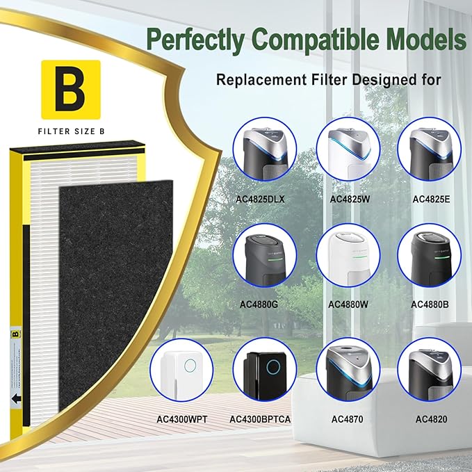 Upgraded FLT4825 HEPA Filter B Replacement for GermGuardian AC4825E AC4300 AC4900 | 2 True H13 HEPA Filters + 8 Carbon Pre-Filters | 99.97% Allergen Removal, Easy Install, Multi-Room Use