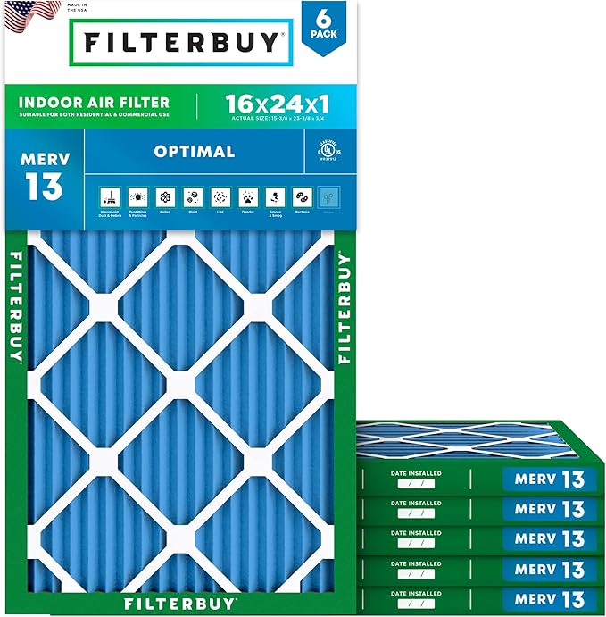 Filterbuy 16x24x1 Air Filter MERV 13 Optimal Smoke & Allergy Defense (6-Pack), Electrostatic Pleated HVAC AC Furnace Filters Replacement, Made in USA (Actual Size: 15.38 x 23.38 x 0.75)