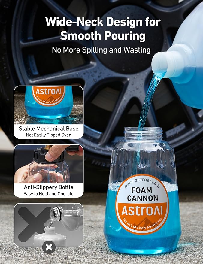 AstoAI Foam Cannon for Pressure Washer, Snow Clear Foam Cannon, Wide Neck Foam Blaster Adjustable Nozzle for Car Wash Accessories, with 1/4 Inch Quick Connector, 1 L Clear Bottle