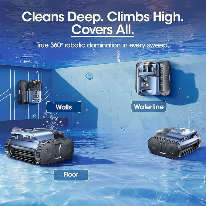 Cordless Robotic Pool Vacuum, Pool Cleaner with Track Drive & Sonar Navigation, 180W Brushless Motor, Wall & Waterline Climbing, 150-Min Runtime, for Inground Above-Ground 2150 Sq. Ft. (Light Blue)