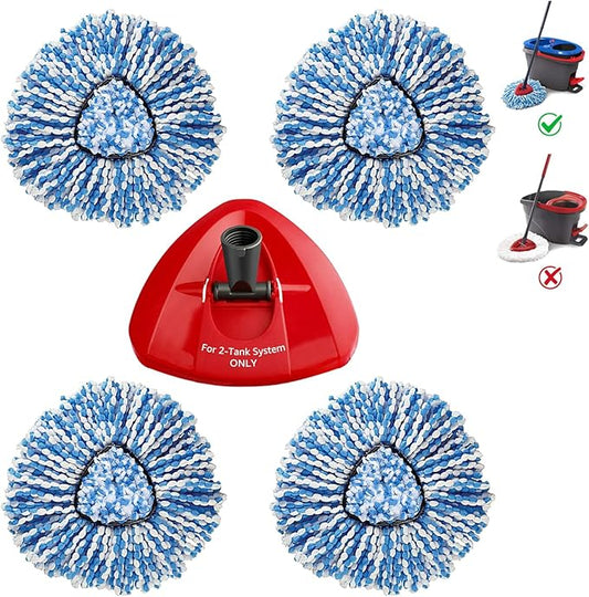 4 Pack Mop Head and 1 Pack Head Base Part for O-Ceda RinseClean Spin Mop Refill 2-Tank System Only Easy Cleaning Microfiber Replacement