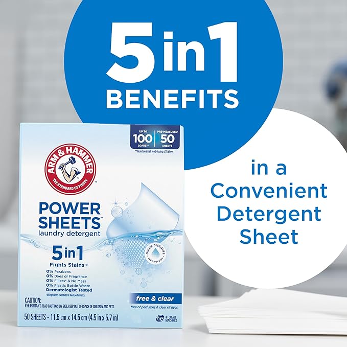 ARM & HAMMER 5in1 Power Sheets Laundry Detergent, Free & Clear, 50 Count, up to 100 Small Loads