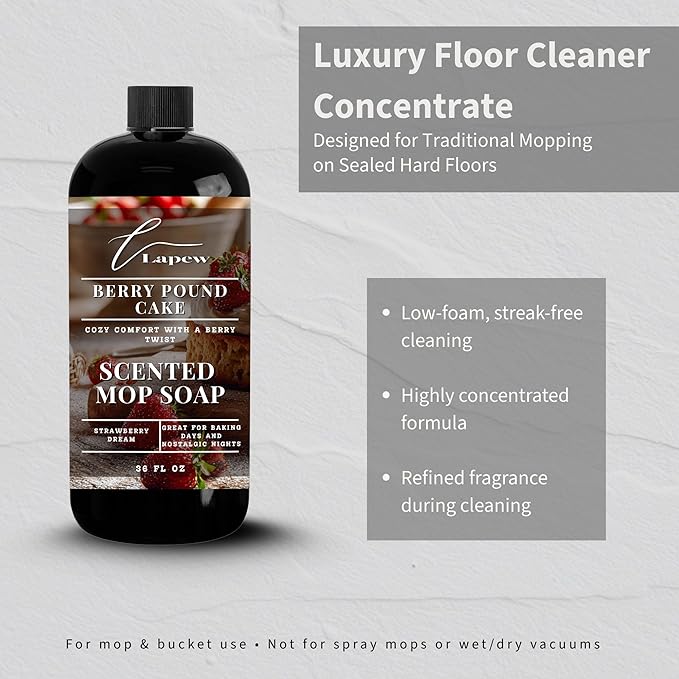 Luxury Floor Cleaner, Scented Mop Soap Concentrate | Hard Floor Cleaner for Tile, Vinyl, Laminate, LVP & Sealed Hardwood | Low-Foam, Streak-Free | 36 oz | Berry Pound Cake