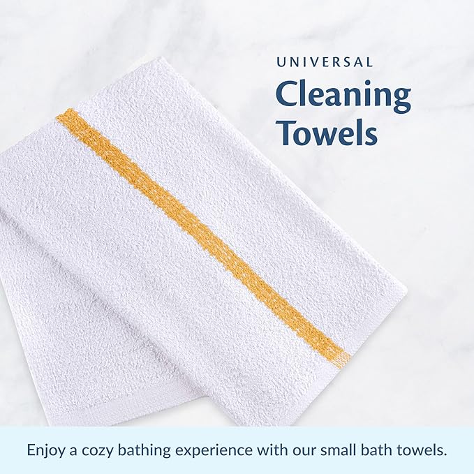 Universal Cleaning Towels, Gold Striped-White Bulk 60 Pack, 16” X 19” 100% Cotton Fully Bordered Commercial Grade Terry Weave Cloth Bar Mops for Everyday Restaurant or Home Use