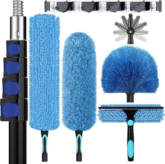 25ft High Ceiling Duster Kits with 5-18ft Heavy Duty Extension Pole - Fan Blade Cleaner, Cobweb Remover & Blue Window Squeegee Kit, Washable Dust Brush for High Roof and Glass Surfaces