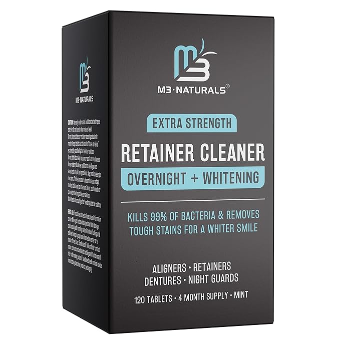 Overnight + Whitening Retainer Cleaner, Remove Stains, Discoloration, and Plaque | 4 Month Supply | Denture Cleanser with Whitening Boost,120 Tablets by M3