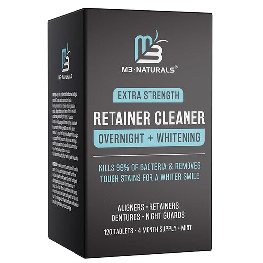 Overnight + Whitening Retainer Cleaner, Remove Stains, Discoloration, and Plaque | 4 Month Supply | Denture Cleanser with Whitening Boost,120 Tablets by M3