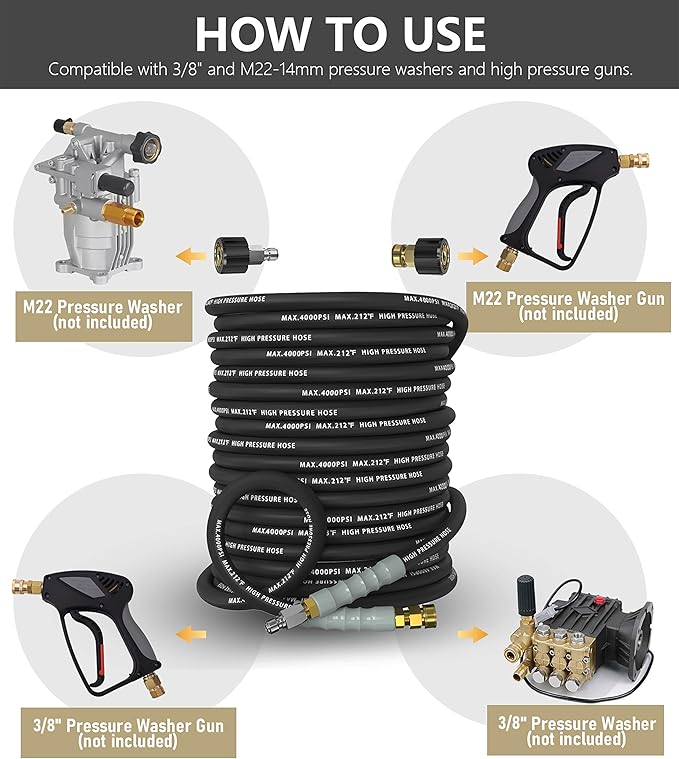 Pressure Washer Hose 200FT 4000 PSI, Kink Resistant Steel Braided Layer & NonMarking Rubber for Hot/Cold Water, High Power Washer Hose With 3/8 Inch Quick Connect & M22 Fitting, Black