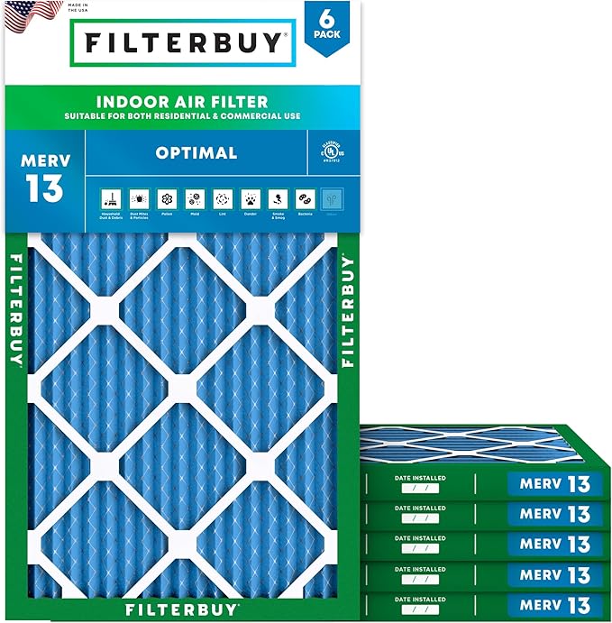Filterbuy 14x28x1 Air Filter MERV 13 Optimal Smoke & Allergy Defense (6-Pack), Electrostatic Pleated HVAC AC Furnace Filters Replacement, Made in USA (Actual Size: 13.50 x 27.50 x 0.75)