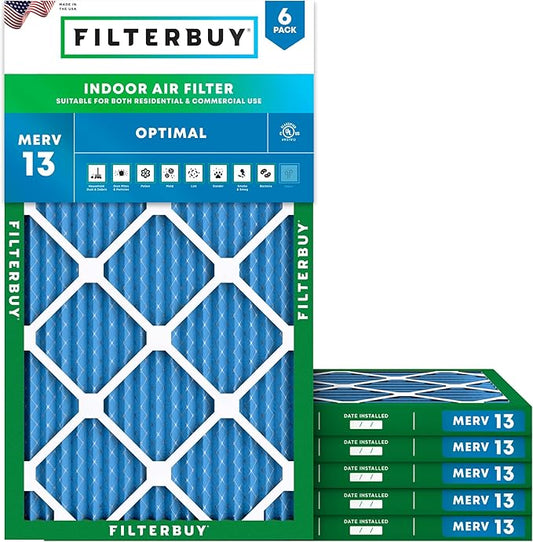 Filterbuy 14x28x1 Air Filter MERV 13 Optimal Smoke & Allergy Defense (6-Pack), Electrostatic Pleated HVAC AC Furnace Filters Replacement, Made in USA (Actual Size: 13.50 x 27.50 x 0.75)