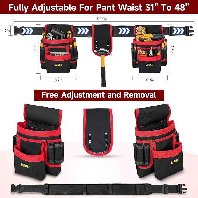 Tool Belt,Magnetic Tool Pouch,27-Pockets Heavy Duty Tool Belts for Men,Detachable Tool Pouch Bag for Electrician,Carpenter,Construction,Work Apron,Utility Belt,Valentines Day Gifts for Men,Black,Red