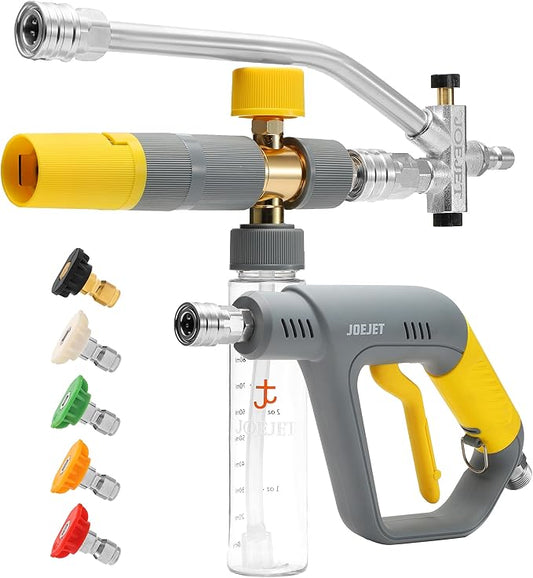 JOEJET Pressure Washer Gun with Mini Foam Cannon Dual Connector, Dual-Purpose Switch Spray Gun with 5 Power Washer Nozzle Tips, Dual Wand Foam Cannon, 1/4” Quick Connector