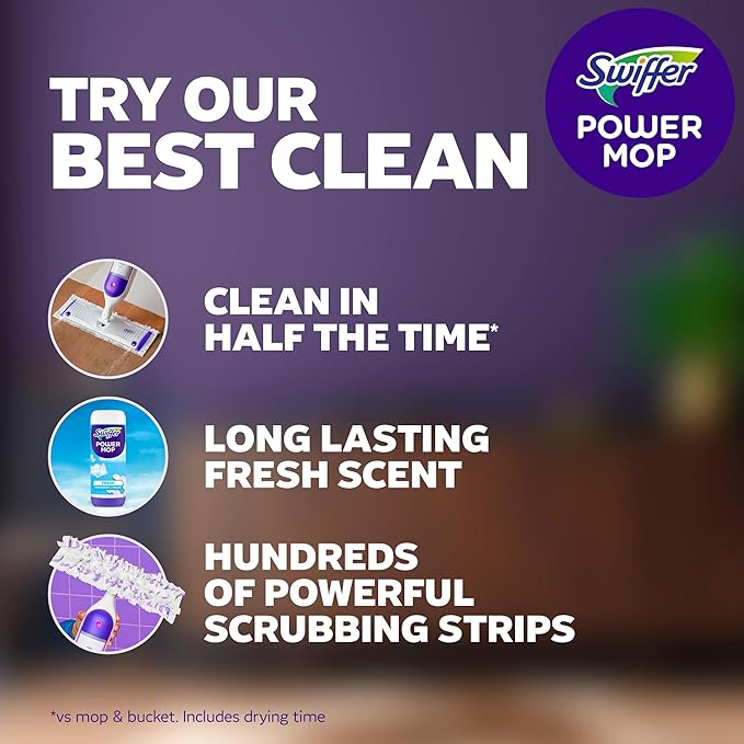 Swiffer PowerMop Multi-Surface Mop Kit for Floor Cleaning, Includes PowerMop, 2 Mopping Pad Refills, 1 Cleaning Solution with Fresh Scent and 2 Batteries
