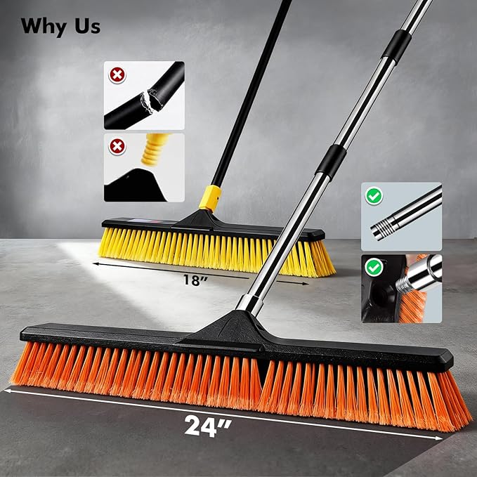 24" Push Broom, Heavy Duty Outdoor Commercial Broom for Cleaning with 55" Long Handle and Stiff Bristles, for Driveway Garage Yard Patio Warehouse Concrete Floor Cleaning,Orange