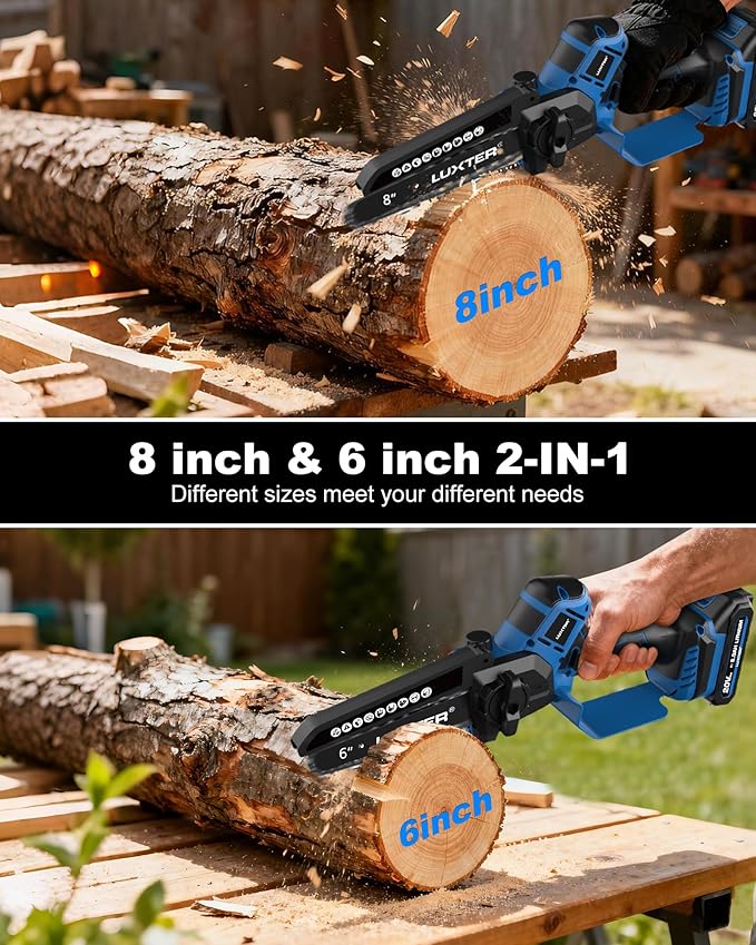 LUXTER Mini Chainsaw Brushless 8 inch & 6 inch Cordless Hand Held Chain Saw 2 x 2.0Ah Battery Small Handheld Saw Lightweight for Trimming & Wood Cutting Gardening Power Tool