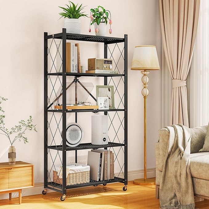 5-Tier Folding Metal Storage Shelf with Wheels, Heavy Duty Organizer Rack Holds 750 lbs, No Assembly Utility Shelving for Kitchen, Garage, Pantry, Living Room, Office (New Upgrade - Black, 5 Tier)