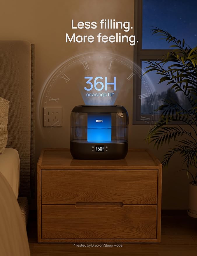 Dreo Smart Humidifiers for Bedroom-Filter Included, Top Fill 4L Humidifier Large Room with 28 dB, 36H Runtime, Touch/APP/Voice Control, Nightlight, Cool Mist Humidifiers for Baby, Plants, Ebony