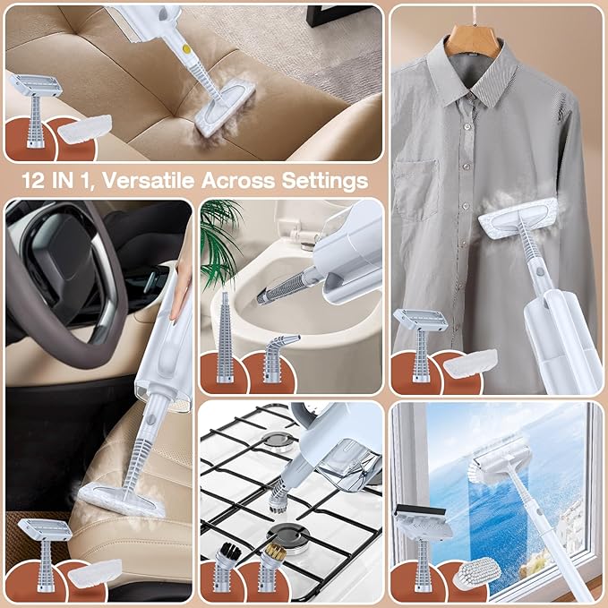 ScrubWiz Steam Mop with Detachable Handheld Steam Cleaner, 10-in-1 Multi Accessories, Quick 10s Heat, 350ml and 2-Level Steamer for Cleaning Floor, Carpet, BBQ Grill, Tile, and Grout, Light White