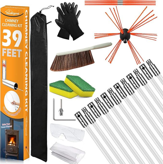 Sealegend 39 Feet Chimney Sweep Kit Chimney Brush, Chimney Cleaning Kit and Rotary Chimney Cleaning System, Fireplace Brush Tool with 12 Nylon Flexible Rods