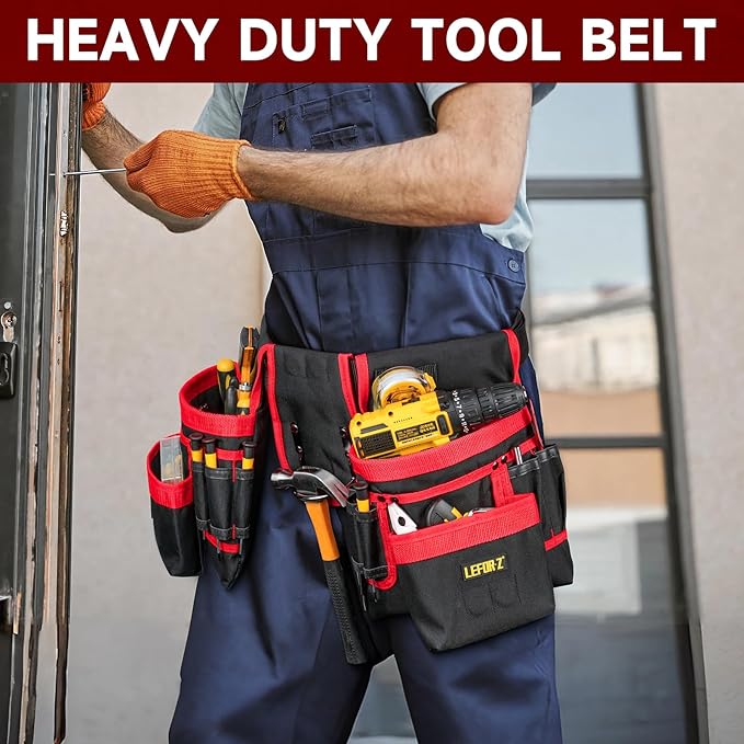 Tool Belt,Magnetic Tool Pouch,27-Pockets Heavy Duty Tool Belts for Men,Detachable Tool Pouch Bag for Electrician,Carpenter,Construction,Work Apron,Utility Belt,Valentines Day Gifts for Men,Black,Red