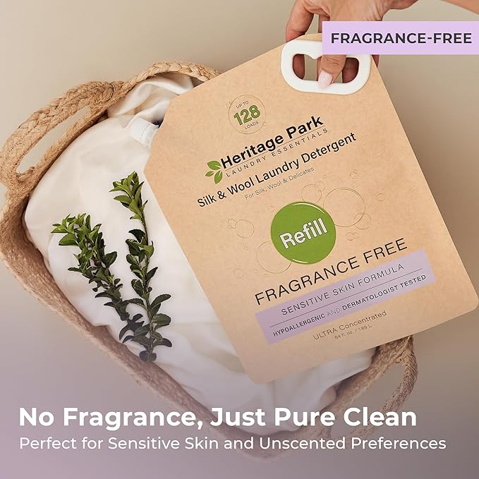 Heritage Park Silk & Wool Fragrance Free, Hypoallergenic, pH-Neutral Laundry Detergent - Dermatologist-tested, Sensitive Skin-Friendly, Enzyme-Free, Ultra Concentrated (64 fl oz Refill)