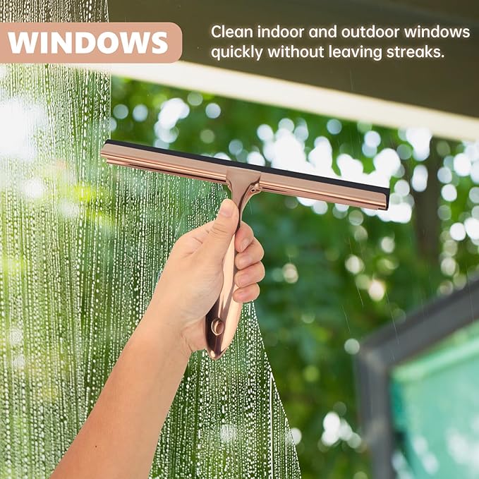 9.6 Inches All-Purpose Silicone Squeegee for Shower Doors with Adhesive Hook. Window Shower Cleaner Tool Suitable for Shower Glass Doors, Bathroom, Window and Car Glass.Rose Gold