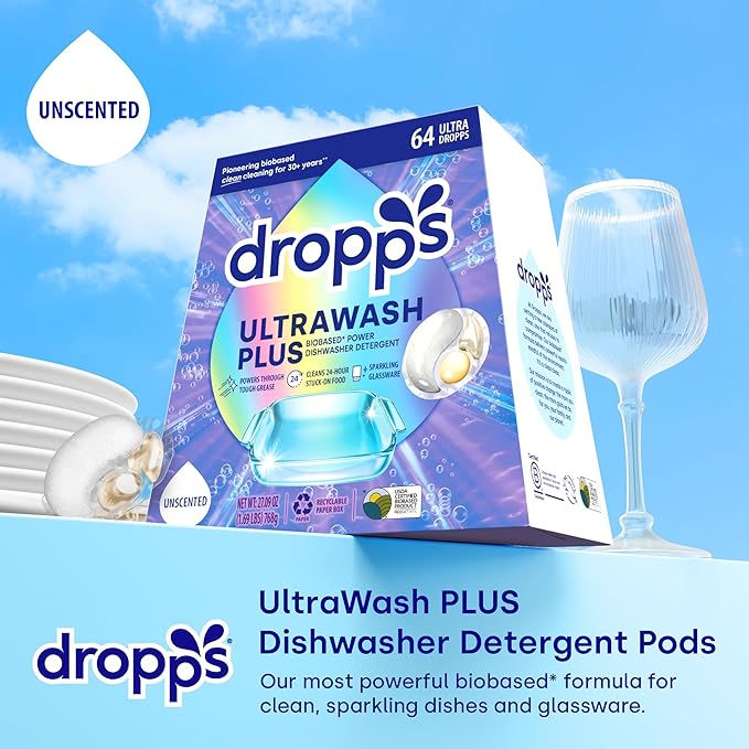 Dropps UltraWash Plus Dishwasher Detergent, Unscented (64 Pods) - Triple Action Biobased Power Deep Clean Dishwasher Detergent Tablets for Tough Stains - Dishwashing Pods for Shiny Dishes