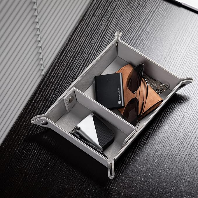 BONNY DODO Valet Tray for Men PU Leather Tray Organizer with Partition, Storage Keys, Watch & Practical Storage for Table Nightstand Living Room Bedroom (Gray)