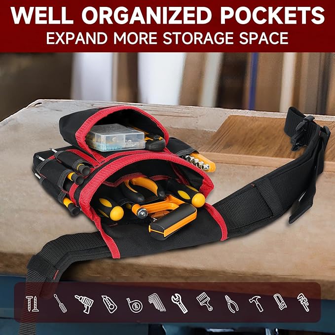 Tool Belt,Magnetic Tool Pouch,27-Pockets Heavy Duty Tool Belts for Men,Detachable Tool Pouch Bag for Electrician,Carpenter,Construction,Work Apron,Utility Belt,Valentines Day Gifts for Men,Black,Red