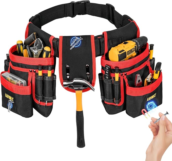 Tool Belt,Magnetic Tool Pouch,27-Pockets Heavy Duty Tool Belts for Men,Detachable Tool Pouch Bag for Electrician,Carpenter,Construction,Work Apron,Utility Belt,Valentines Day Gifts for Men,Black,Red