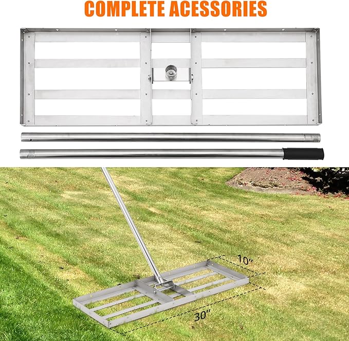 30 Inch Heavy-Duty Hand-Pushed Land Leveler with Stainless Steel Plate, Lawn Leveling Rake & Soil Tool for Leveling Garden/Yard Ground, Sand & Topdressing, Durable Leveling Equipment