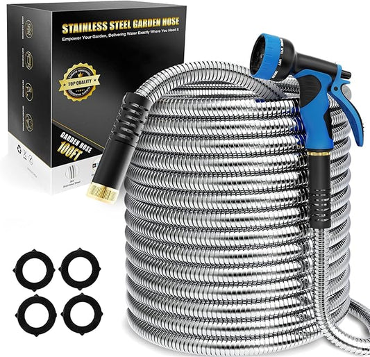Lefree 100ft Metal Garden Hose - Heavy Duty 304 Stainless Steel Flexible Water Hose, No Kinks & Leak-Proof with Upgraded Handle, 10-Function Spray Nozzle & 4 Spare Gaskets for Yard, RV, Pet Bath